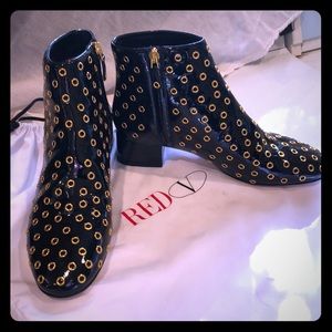 RED V Black patent leather boots with gold eyelets